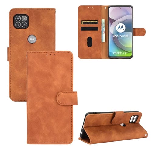 Para Motorola Moto G 5G, color sólido, tacto de la piel, hebilla magnética, textura de becerro abatible horizontal, funda de cuero PU con soporte, ranuras para tarjetas y billetera (marrón)