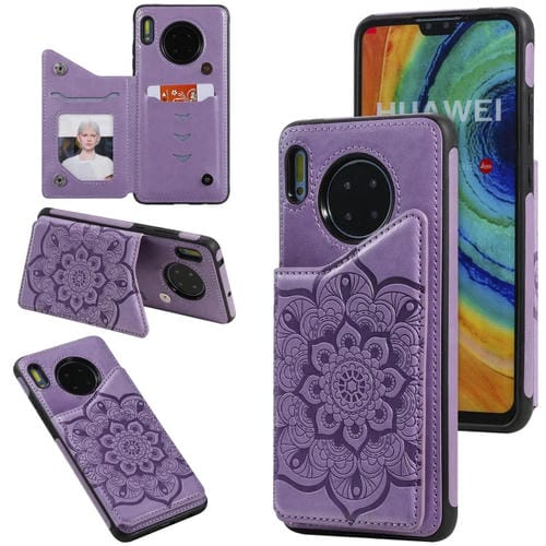 Para Huawei Mate 30 Flor Patrón de estampado en relieve Estuche protector a prueba de golpes con soporte y ranuras para tarjetas y marco de fotos (púrpura)