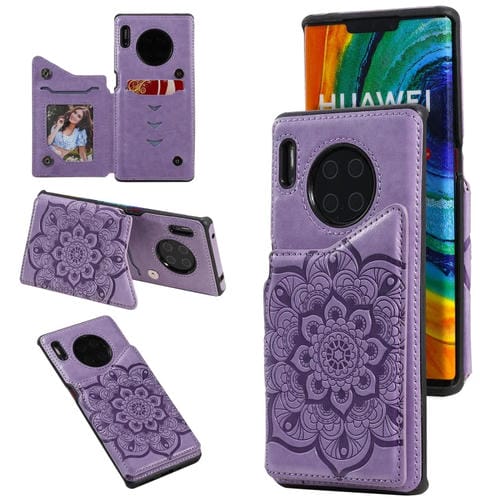Para Huawei Mate 30 Pro Flor Patrón de estampado de estampado de estampado de impermeables con soporte y ranuras para tarjetas y marco de fotos (púrpura)