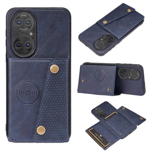 Para Huawei P50 Doble Hebilla PU + TPU Funda protectora magnética a prueba de golpes con ranura para tarjeta y soporte (azul)