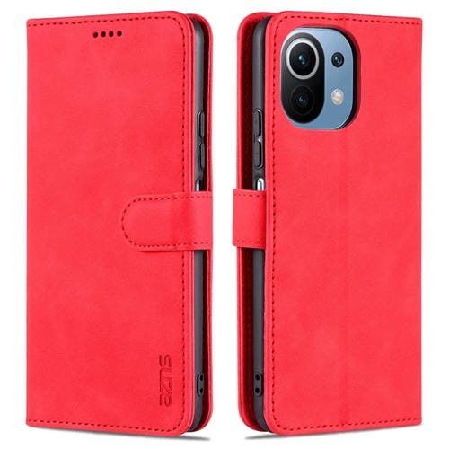 Para Xiaomi MI 11 LITE AZNS Piel Siente la textura de la pantorrilla Horizontal Flip Funda con tragamonedas y soporte y billetera (rojo)
