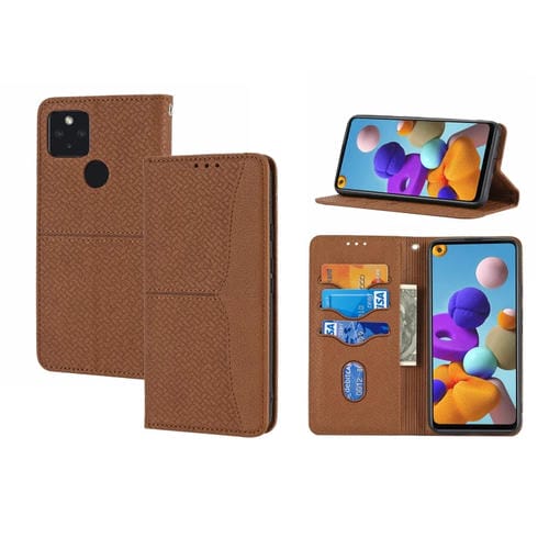 Para Google Pixel 5a 5g Textura tejida costura magnética Horizontal Flip PU Funda de cuero con soporte y ranuras para tarjetas y cordón (marrón)