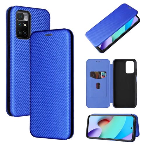 Textura de fibra de carbono Magnético Horizontal Flip TPU + PC + Funda de cuero PU con ranura para tarjeta para Xiaomi Redmi 10 (azul)