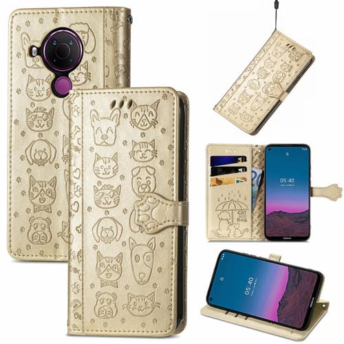 Funda para Nokia 5.4 con patrón de Gato y Perro, Estampado en Relieve, Soporte, Tragamonedas, Billetera y Cordón (Oro)