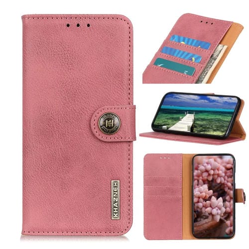Funda de Cuero Khazneh para Motorola G Pure con Soporte y Ranuras para Tarjetas (Rosa)