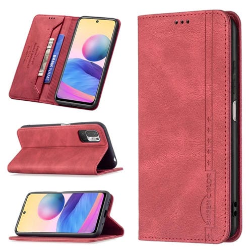 Para Xiaomi Poco M3 Pro / Redmi Note 10 5G / Note 10t 5g Funda de cuero antirrobo de bloqueo de RFID magnético con soporte y ranuras para tarjetas (rojo)