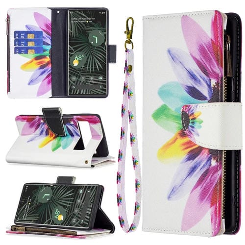 Para Google Pixel 6 Pro Coloree Dibujar Pattern Zipper Horizontal Flip Teléfono Funda de cuero con soporte y ranuras para tarjetas y billetera (flor de sol)