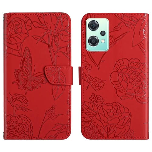 Skin Feel Butterfly Peony Factor de Cuero En Relieve para OnePlus Nord Ce2 Lite Realme 9 Pro 5G Realme V25 (Rojo)