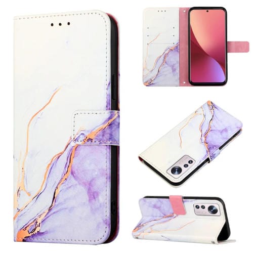 Para la caja del teléfono de cuero Flip de patrón de mármol Xiaomi 12 lite (White Purple LS006)