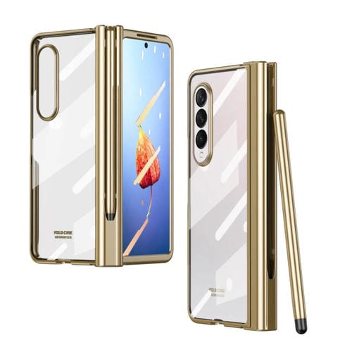 Para Samsung Galaxy Z Fold4 Estuche para teléfono con bisagra de galvanoplastia integrada de cuerpo completo con ranura para bolígrafo (Oro)