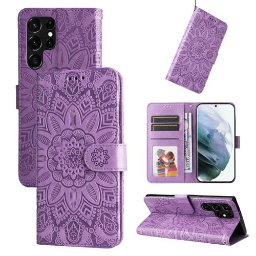 Para Samsung Galaxy S22 Ultra 5G Estuche para teléfono de cuero con estampado de girasol en relieve (púrpura)