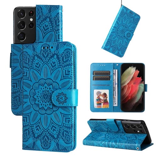 Para Samsung Galaxy S21 Ultra 5G Estuche para teléfono de cuero con estampado de girasol en relieve (azul)