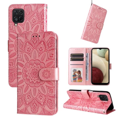 Estuche para Teléfono Samsung Galaxy A12 4G 5G Cuero Estampado Girasol En Relieve (Rosa)