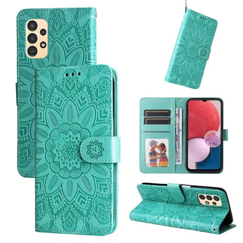 Para Samsung Galaxy A13 5G Estuche para teléfono de cuero con estampado de girasol en relieve (verde)