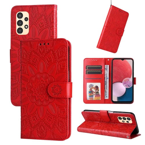 Para Samsung Galaxy A13 5G Estuche para teléfono de cuero con estampado de girasol en relieve (rojo)