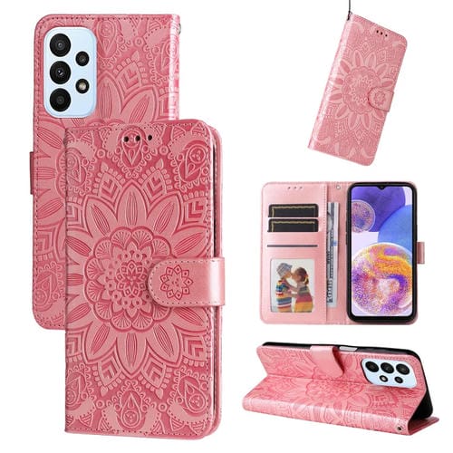 Para Samsung Galaxy A23 4G/5G / M23 5G / F23 5G Estuche para teléfono de cuero con estampado de girasol en relieve (rosa)
