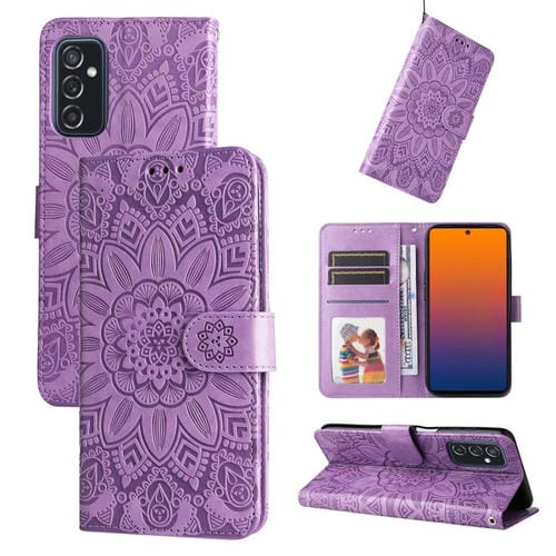 Para Samsung Galaxy M52 5G Estuche para teléfono de cuero con estampado de girasol en relieve (púrpura)