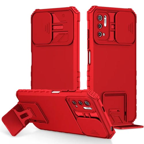 Para Xiaomi Redmi Note 10 5G Soporte estereoscópico Funda deslizante para teléfono Camshield (Rojo)