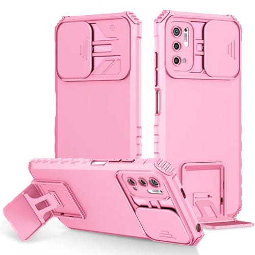 Para Xiaomi Redmi Note 10 5G Soporte estereoscópico Funda deslizante para teléfono Camshield (Rosa)