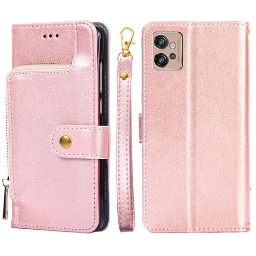 Funda de Cuero con Cremallera para Motorola Moto G32 4G (Oro Rosa)