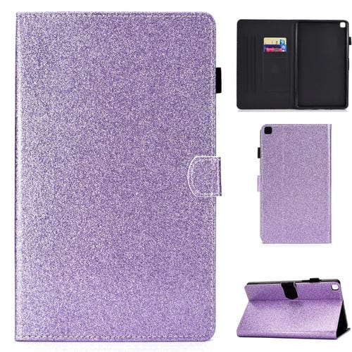 Estuche plano de cuero con purpurina para bolígrafo y tarjeta con hebilla y soporte (Morado)