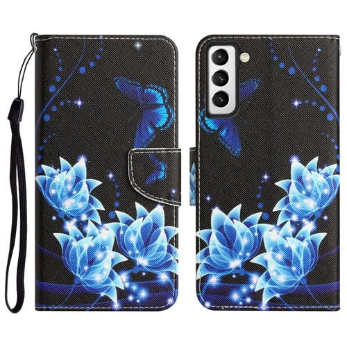 Para Samsung Galaxy S21 FE 5G Estuche para teléfono de cuero con dibujo coloreado (mariposa azul)