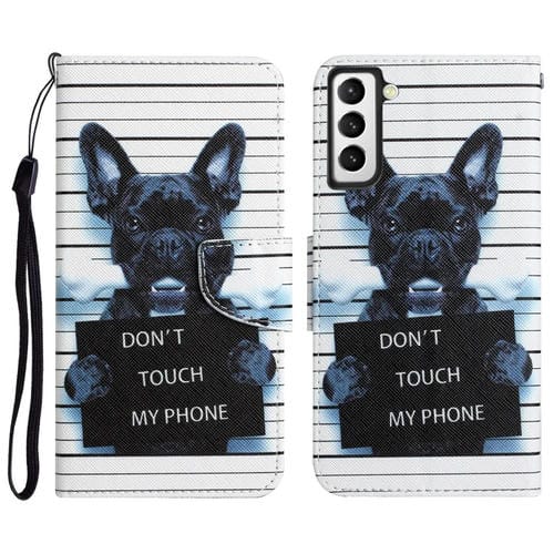 Para Samsung Galaxy S21 FE 5G Estuche para teléfono de cuero con dibujo coloreado (perro negro)