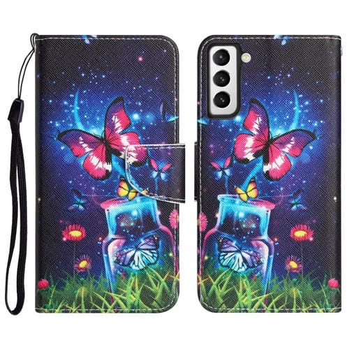 Para Samsung Galaxy S21+ 5G Estuche para teléfono de cuero con dibujo coloreado (mariposa de botella)