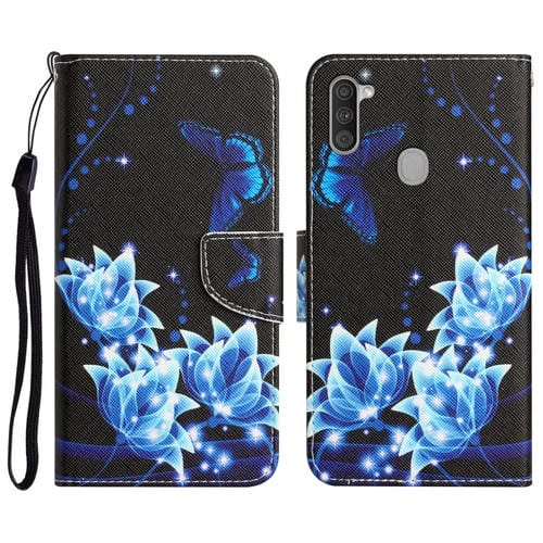 Para Samsung Galaxy A11 Estuche para teléfono de cuero con dibujo coloreado (mariposa azul)