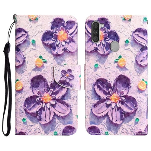 Para Samsung Galaxy A11 Caja de teléfono de cuero con dibujo coloreado (Flor púrpura)