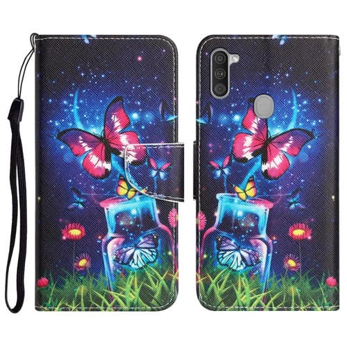 Para Samsung Galaxy A11 Estuche de teléfono de cuero con dibujo coloreado (mariposa de botella)