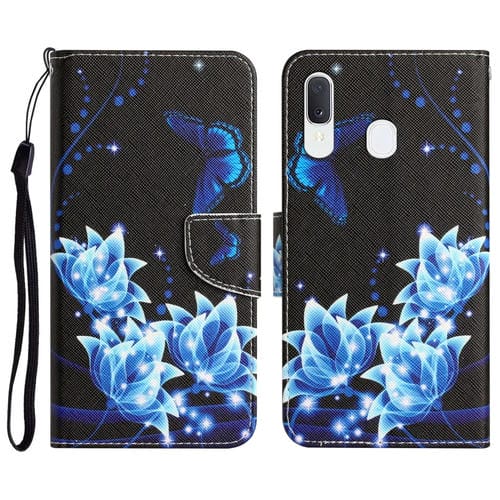 Para Samsung Galaxy A20e Estuche para teléfono de cuero con dibujo coloreado (mariposa azul)