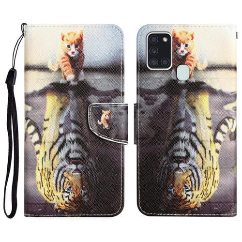 Para Samsung Galaxy A21s Funda de teléfono de cuero con dibujo coloreado (Tigre)