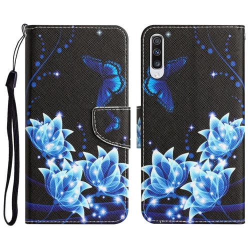 Para Samsung Galaxy A70 Estuche para teléfono de cuero con dibujo coloreado (mariposa azul)