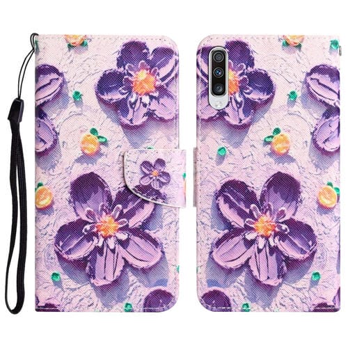 Para Samsung Galaxy A70 Estuche para teléfono de cuero con dibujo coloreado (flor morada)