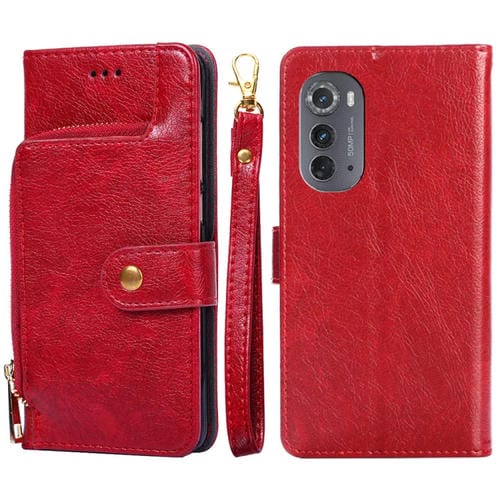 Funda de Cuero con Tapa y Cremallera para Motorola Edge 2022 (Rojo)