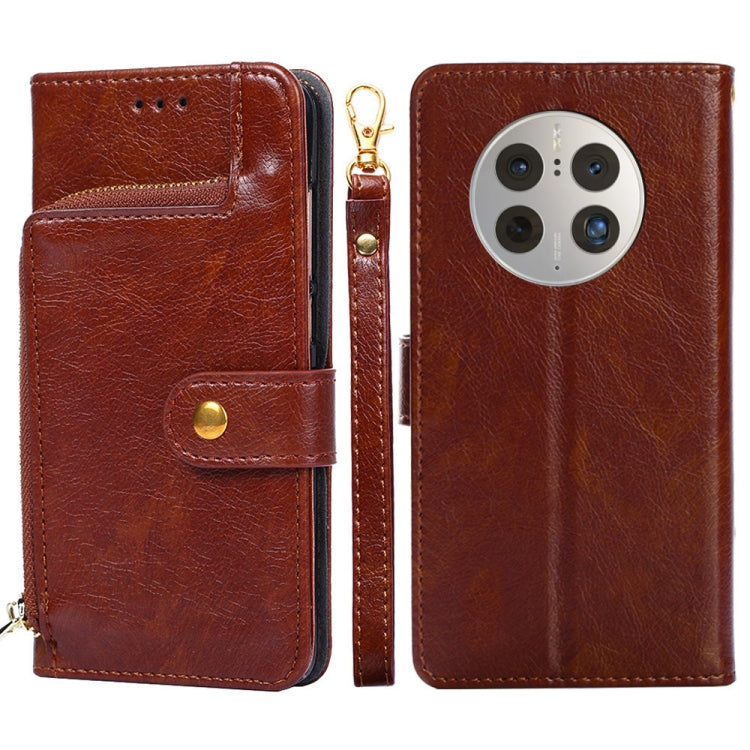 Funda de Cuero con Tapa y Cremallera para Huawei Mate 50 Pro (Marrón)