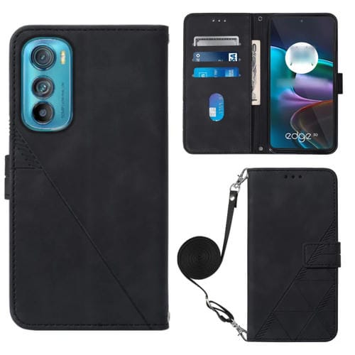 Funda de Cuero para Motorola Edge 30 Crossbody con Tapa en Relieve (Negro)