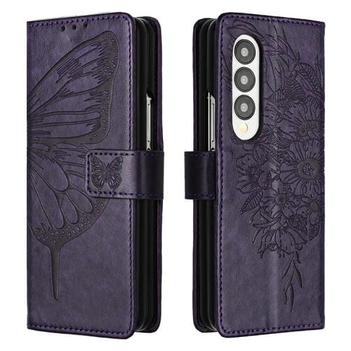 Estuche para Teléfono Samsung Galaxy Z Fold3 5G Cuero Mariposa En Relieve (Púrpura Oscuro)