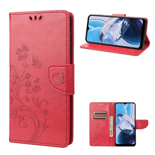 Para Motorola Moto E22 / E22i Patrón de flores de mariposa Funda de cuero con tapa para teléfono (Rojo)