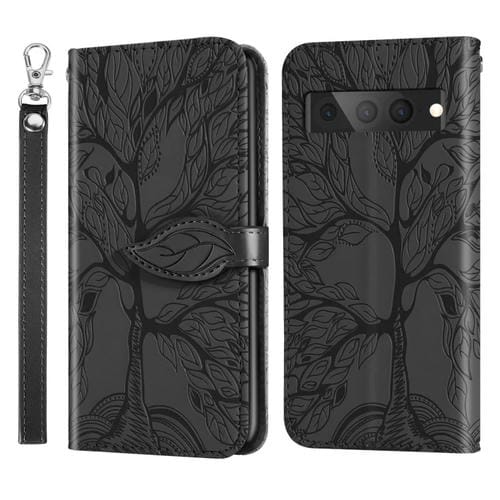 Para Google Pixel 7 Pro Life Tree Relieve Patrón Horizontal Flip Funda de cuero para teléfono (Negro)