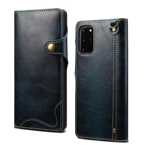 Para Samsung Galaxy S20+ Denior Oil Wax Cowhide Botón magnético Funda de cuero genuino (Azul oscuro)