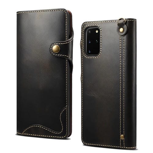 Para Samsung Galaxy Note20 Denior Oil Wax Cowhide Botón magnético Funda de cuero genuino (Negro)