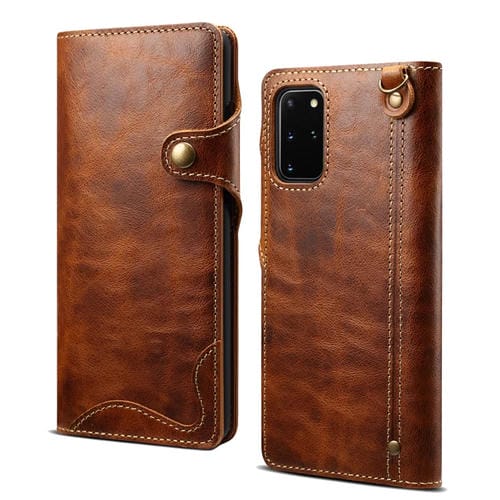 Para Samsung Galaxy Note20 Denior Oil Wax Cowhide Botón magnético Funda de cuero genuino (marrón)