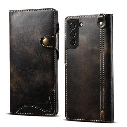 Para Samsung Galaxy S21+ 5G Denior Oil Wax Cowhide Botón magnético Funda de cuero genuino (Negro)