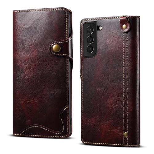 Para Samsung Galaxy S22 5G Denior Oil Wax Cowhide Botón magnético Funda de cuero genuino (Rojo oscuro)