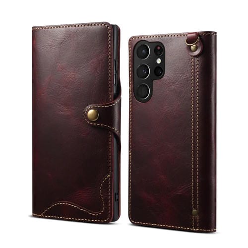 Para Samsung Galaxy S22 Ultra 5G Denior Oil Wax Cowhide Botón magnético Funda de cuero genuino (Rojo oscuro)