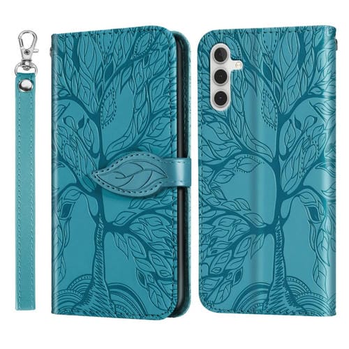 Para Samsung Galaxy A14 5G Life Tree Relieve Patrón Funda de cuero para teléfono (Azul)