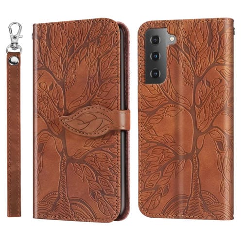 Para Samsung Galaxy S23 5G Life Tree Relieve Patrón Funda de cuero para teléfono (Marrón)
