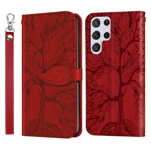 Para Samsung Galaxy S23 Ultra 5G Life Tree Relieve Patrón Funda de cuero para teléfono (Rojo)